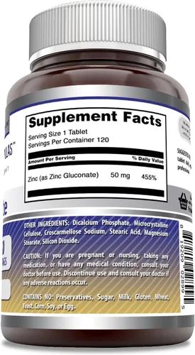 Vista 2 de Amazing Formulas Suplemento de gluconato de zinc 50 mg por porción Tabletas Sin OMG Sin gluten Fabricado en Estados Unidos (120 unidades)