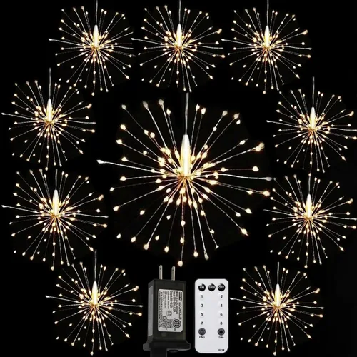 Vista 15 de Luces LED remotas de fuegos artificiales con forma de explosión de cobre, 4 conexiones en total, 480 luces LED parpadeantes, 8 modos con control