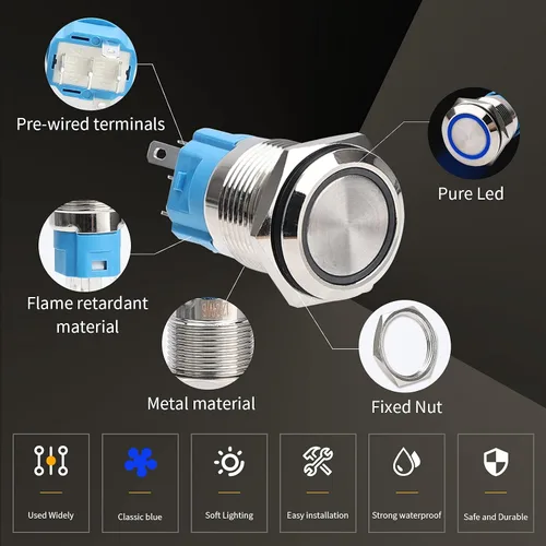 Vista 4 de STARELO 5 piezas 16 mm interruptor de botón de presión LED momentáneo, carcasa plateada, interruptor de botón de presión impermeable IP65, 1NO 1NC