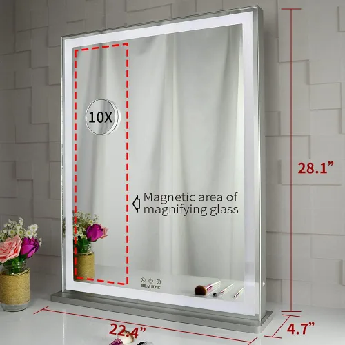 Vista 4 de BEAUTME Espejo de tocador de 22.4 x 28.1 pulgadas, espejo de maquillaje con luces, espejo Hollywood, espejo LED para dormitorio, marco de aluminio