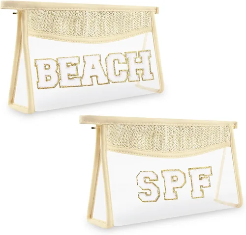 Vista 15 de Iqimott 2 bolsas de maquillaje con parches transparentes, bolsa de letras boho para nadar en la playa, bolsas de maquillaje impermeables