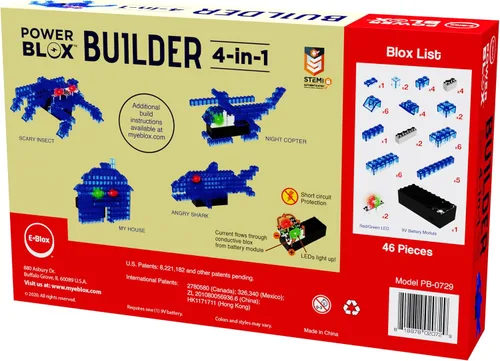 Vista 3 de E-Blox 4 en 1 Power Blox Builder STEM Kit (46 piezas), colorido juego de bloques de construcción con luz LED, construir 4 estructuras 3D, gran