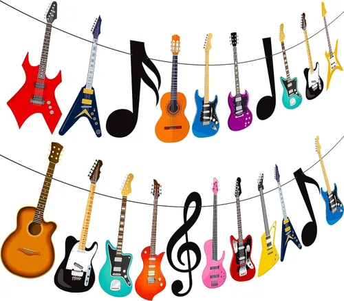 Vista 2 de Cartel de guitarra con música, guitarra, fiesta, decoración de fiesta de cumpleaños, 2 unidades, pancartas de fiesta musical para guitarra de rock
