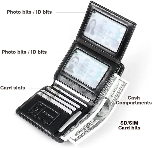Vista 4 de Billetera de piel triple con bloqueo RFID para hombre con 2 ventanas de identificación, 2 compartimentos para efectivo, 6-8 ranuras para tarjetas