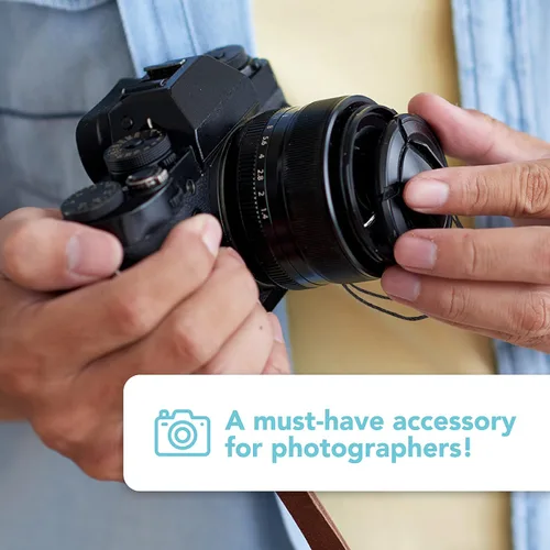 Vista 6 de Foto&Tech Correa con tapa para lente de cámara con cuerda elástica, compatible con cámaras DSLR SLR Evil sin espejo universales (1 pieza)