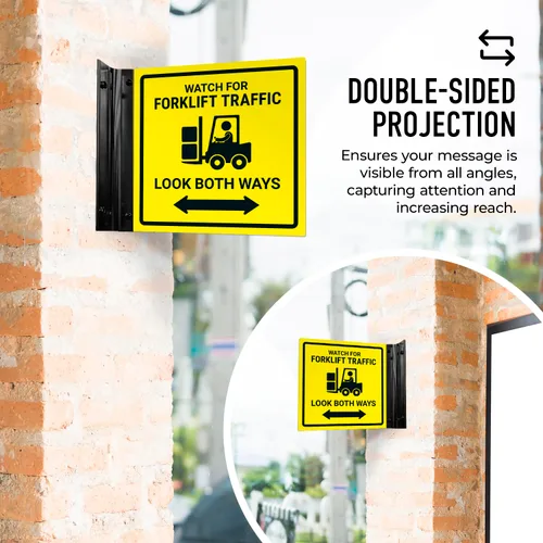 Vista 3 de Reloj para carretilla elevadora Tráfico Look Both Ways Projecting Sign, doble cara, 6x6 pulgadas, ACM, con accesorio negro satinado, fabricado
