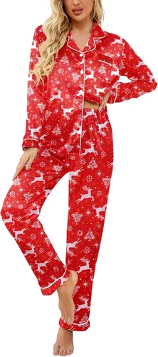 Vista 26 de Ekouaer - Conjunto de pijama de satén de seda clásico con botones para mujer, de manga larga Verde militar