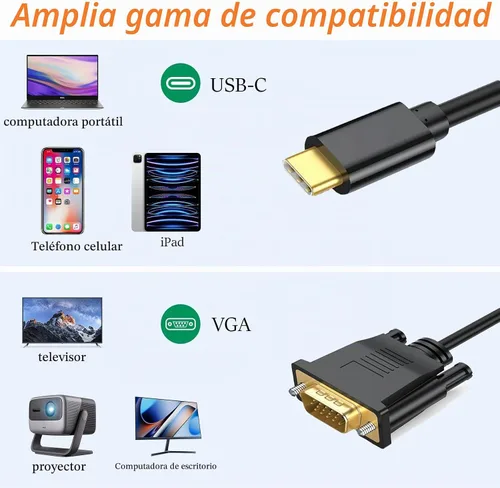 Vista 5 de Cable USB C a VGA de 3 pies, cable VGA a USB C para monitor, compatible con MacBook Pro/Air, iPad Pro, teléfono, laptop, proyector