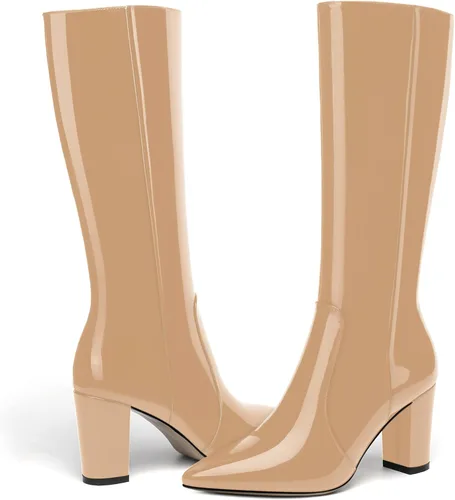Vista 69 de AMBELIGHT Botas altas hasta la rodilla con cremallera y puntera puntiaguda para mujer, de patente sólida, tacón alto, 3.3 pulgadas