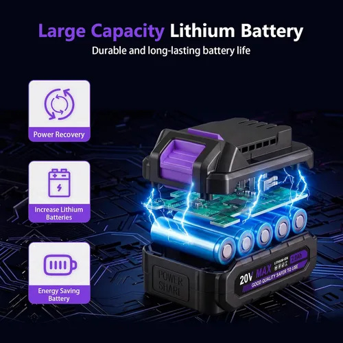 Vista 4 de Purple 20V Cordless Drill Electric Drill set, Electric Screwdriver with 2 Batteries & Charger, 3/8" Keyless Chuck, 25+1 Torque 2-Speed Hammer Drill