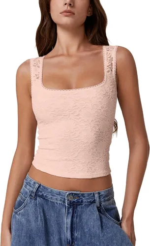 Vista 10 de QINSEN Camiseta sin mangas de doble capa con cuello cuadrado y ribete de encaje para mujer Amarillo claro