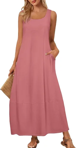 Vista 29 de Vestidos de iglesia para mujer 2025, casual, holgado, sin mangas, largo, fluido, vestido de verano con bolsillos
