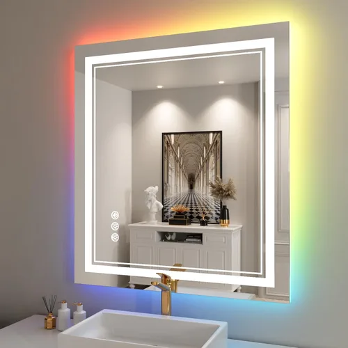 Vista 30 de Espejo de baño LED de 24 x 28 pulgadas, luz frontal y retroiluminada, antiniebla, regulable, espejo de tocador iluminado con memoria, espejo LED