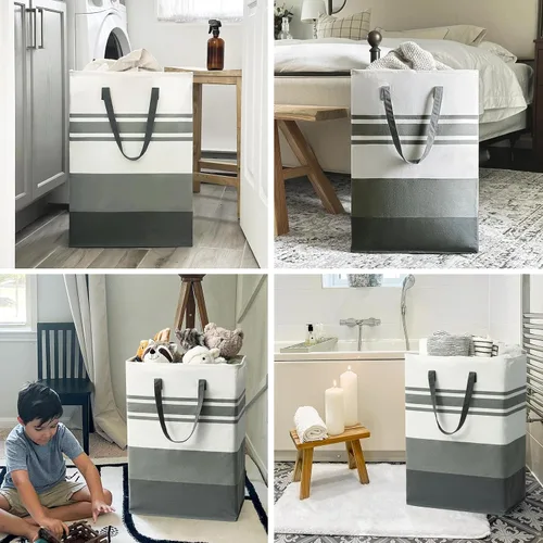 Vista 2 de Goodpick Cestas plegables para la ropa sucia, paquete de 2 cestas de lavandería delgadas de 75 litros, cesta organizadora de ropa con asas