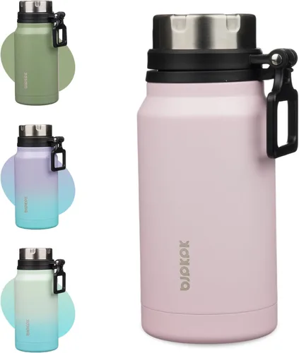 Vista 27 de BJPKPK Botella de agua aislada de 24 onzas con asa, sin BPA, botella térmica de viaje de acero inoxidable reutilizable, botella de agua grande, Negro