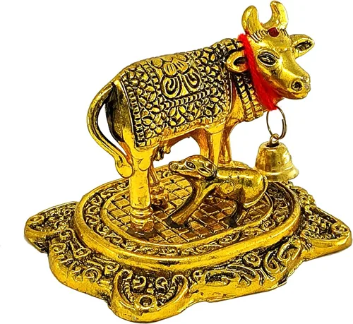 Vista 4 de NOBILITY Artículos de Pooja Regalo de Diwali Estatua de Metal de Vaca Kamdhenu Dorada Pequeña con Becerro Pieza Decorativa Muestra para Decoración
