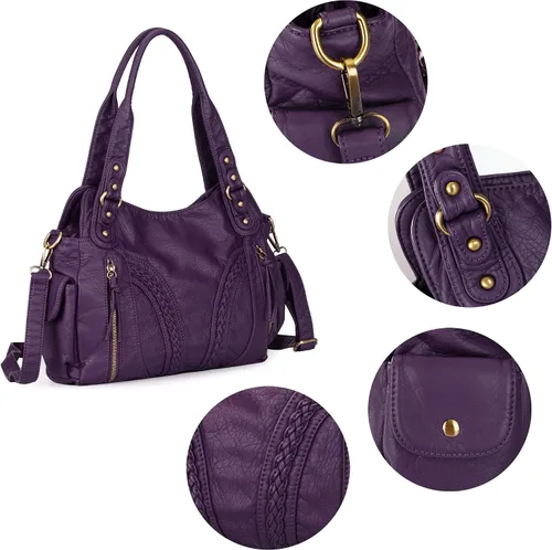 Vista 4 de Montana West Bolsos Hobo de cuero lavado para mujer, bolsos espaciosos con correa cruzada