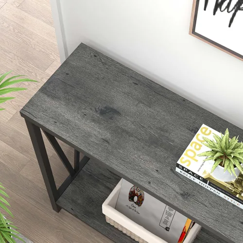 Vista 4 de EXCEFUR Mesa de entrada, sofá de madera rústica con almacenamiento, mesa de pasillo moderna para sala de estar, color gris