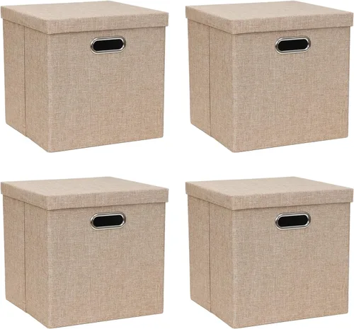 Vista 9 de Contenedores de almacenamiento con tapas, cajas plegables de tela de lino, contenedores organizadores con tapa, cesta de almacenamiento plegable