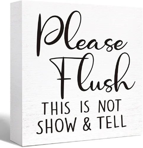 Vista 10 de Divertido letrero de madera negra – Please Flush, Not Show and Tell – Letrero de bloque de madera para inodoro, baño, hogar, mesa, decoración