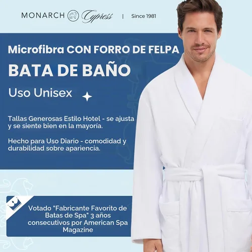 Vista 2 de Bata monarca/ciprés unisex de tejido suave y microfibra, color blanco