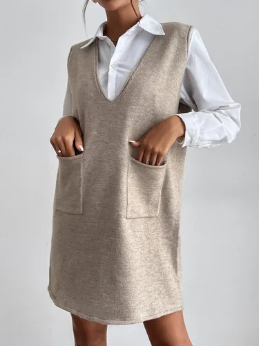 Vista 4 de OYOANGLE Vestido corto de punto sin mangas con cuello en V para mujer con bolsillos