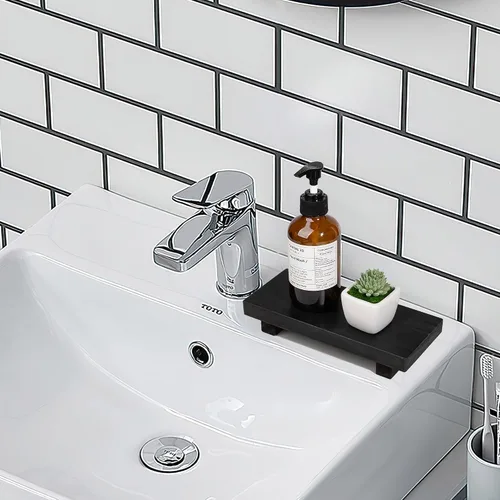 Vista 5 de Organizador de encimera de baño, soporte de pedestal de madera, bandeja decorativa de estilo granja, portajabones para decoración de cocina, Negro