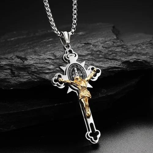 Vista 4 de Collar con colgante de cruz de oración del Señor de acero inoxidable con crucifijo de Jesucristo y versículo bíblico para hombresniñosmujeres