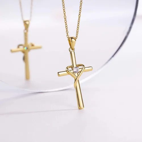 Vista 3 de AmorAime Collar con cruz de plata de ley 925 para mujeres y hombres, chapado en oro de 14 quilates, collares de piedra natal de circonita cúbica 5A