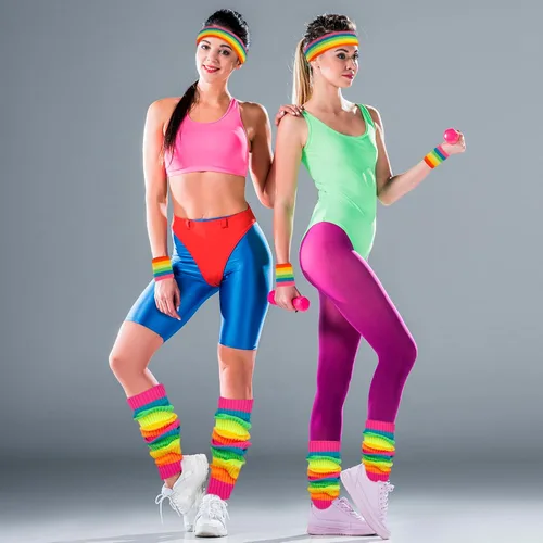 Vista 2 de Calentadores de piernas para mujer, muñequeras con diadema de los años 80, juego de calentadores de piernas de neón para deporte, yoga, ropa