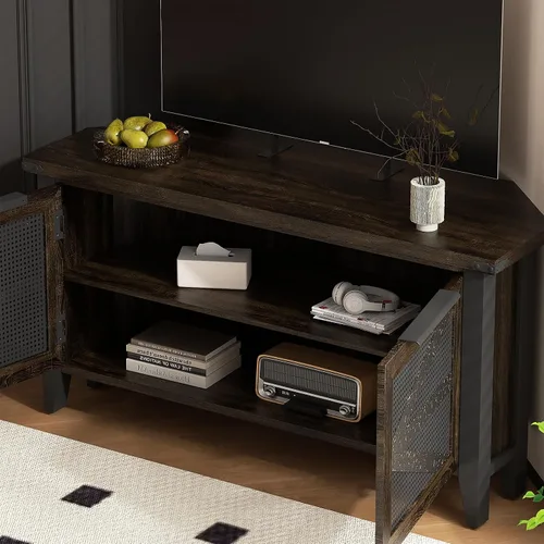 Vista 3 de VFK Soporte de TV de esquina de estilo granja para TV de 50 pulgadas, centro de entretenimiento rústico con almacenamiento, mesa de consola