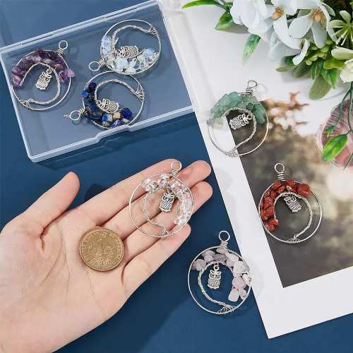 Vista 3 de SUPERFINDINGS Dijes colgantes de aleación, colgante de árbol de la vida, alambre de cobre, colgante de cuentas de piedras preciosas de cristal