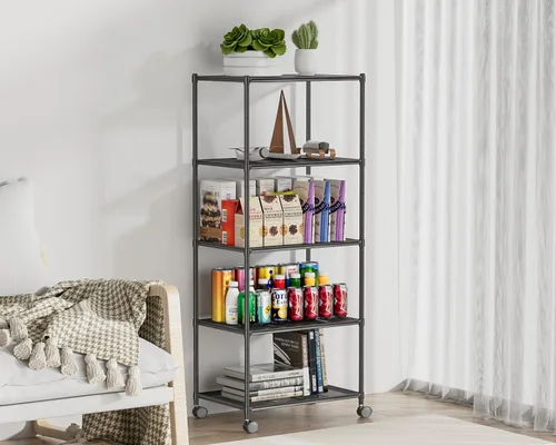 Vista 3 de OVICAR Estante de almacenamiento con ruedas – Estantería ajustable de alambre de malla de 5 niveles, estante de almacenamiento de metal para cocina