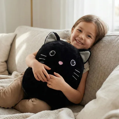 Vista 3 de WEIGEDU Gatito negro de peluche con ojos bordados para niño y niña, decoración de Halloween, cojín de almohada, sofá, regalos de inauguración