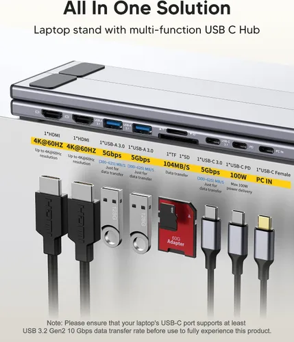 Vista 2 de Estación de acoplamiento con soporte para laptop USB C, monitor dual 4K@60Hz, concentrador USB C 9 en 1 con 2 HDMI, 2 USB 3.0, PD 100W, estación