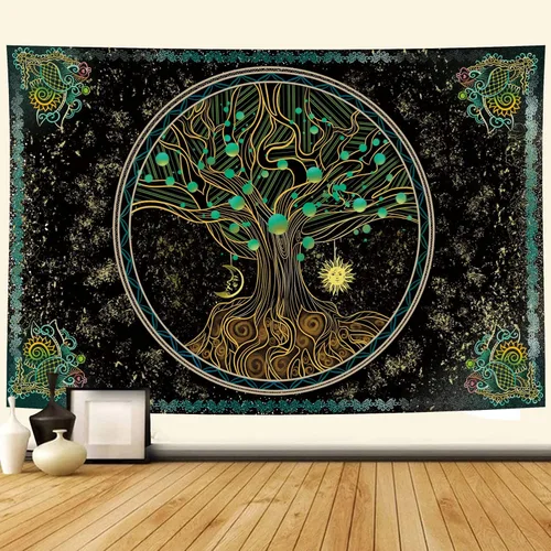 Vista 7 de Naykow Árbol de la vida, bohemio, sol, luna, naturaleza, lindo tapiz verde para pared, mandala espiritual, chakras, grunge, tapices para colgar