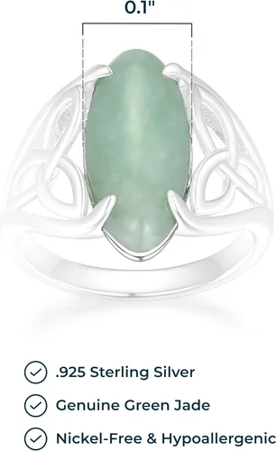 Vista 3 de Anillo de satén de plata de ley 925 auténtica, verde jade celta o trinidad, Jade
