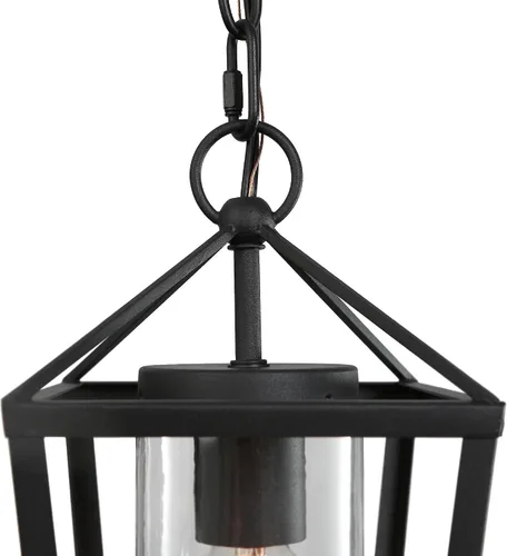 Vista 6 de classy leaves Lámpara colgante al aire libre para porche, luz colgante negra con vidrio transparente, moderna jaula de metal de granja, cadena