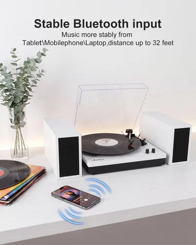 Vista 3 de LP&No.1 - Paquete de tocadiscos moderno con altavoces estéreo de estantería de doble potencia, preamplificador phono incorporado, transmisión por