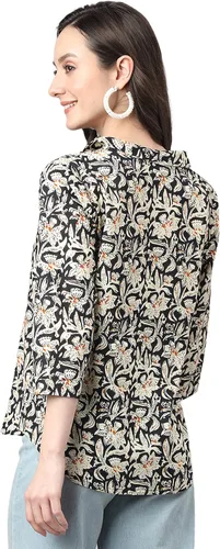 Vista 7 de Janasya Top regular con estampado floral de algodón negro para mujer india