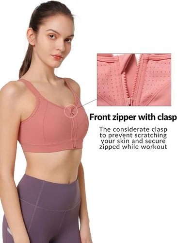 Vista 4 de Yvette Sujetadores deportivos ajustables para mujer, de alto impacto, con cremallera frontal, brasier deportivo sin varillas, talla grande