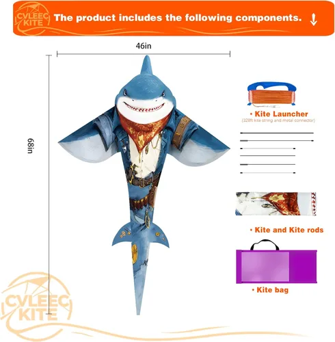 Vista 2 de Shark Kite for Kids & Adults, Outdoor Kite, Perfect for Beginners, Easy to use, Ideal for Beaches, backyards, Grassy Areas