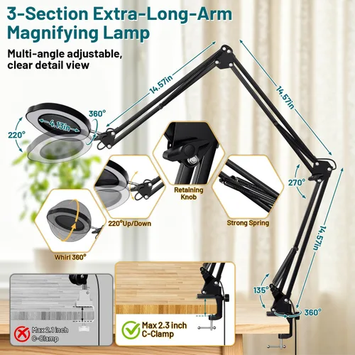 Vista 2 de 15X Magnifying Glass with Light and Clamp, 84 LED Hands-Free Lighted Magnifying Glass with Clamp, 3-Section Arm 5 Color Modes Dimming LED Desk