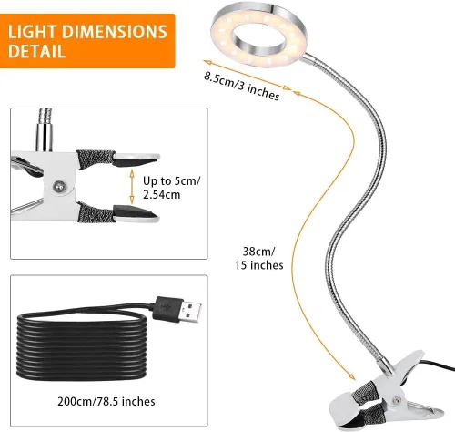Vista 5 de LAVEN - Lámpara de escritorio, 7 W LED con clip para libros, cuidado ocular USB, brillo de 2 niveles, 2 modos
