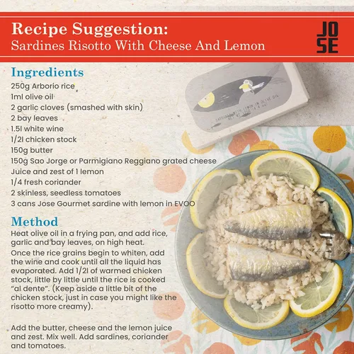 Vista 5 de Sardinas enlatadas con limón y aceite de oliva por Jose Gourmet, Sardinas portuguesas capturadas en la naturaleza, conservas de pescado en aceite