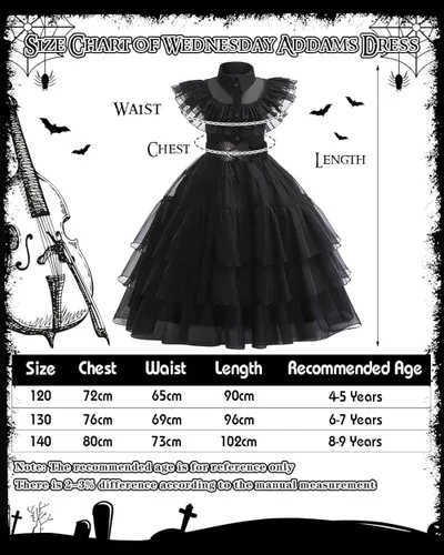 Vista 6 de KISPATTI Wednesday Addams - Vestido para niños, disfraz de Addams para niñas con accesorios para la familia, Halloween, cosplay, fiesta