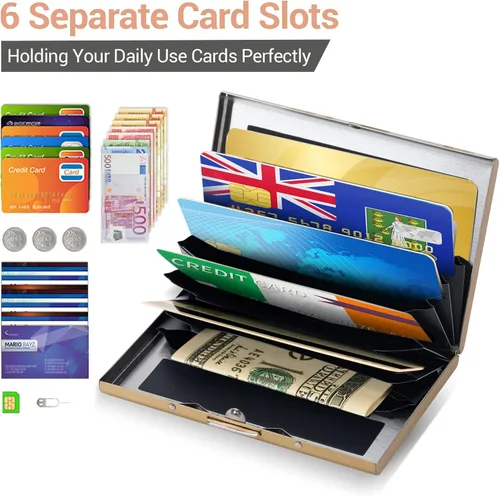 Vista 96 de BONSYL® Soporte para tarjetas de crédito, cartera delgada de metal con bloqueo RFID, con 6 ranuras para tarjetas, para mujeres y hombres.