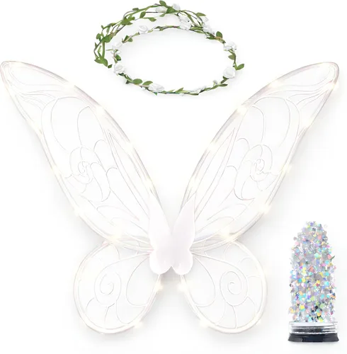Vista 11 de Disfraz de hada Funcredible para mujeres y niñas - Alas de hada con luz y corona de flores, brillo - Alas de mariposa Negro