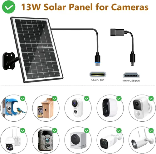 Vista 3 de Zivif 13W Solar Panel for Security Camera, Solar Charger with USB-C/USB & 5.5x2.1mm DC Cbale, Compatible with 5V Battery Powered Camera, 360°