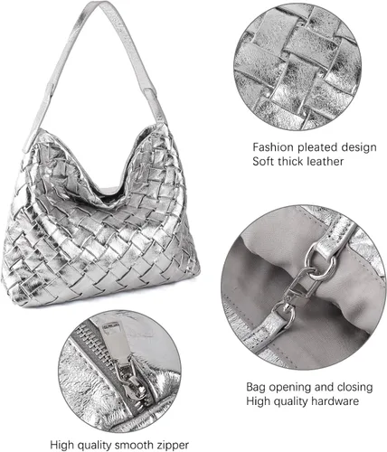 Vista 4 de Bolso tejido para mujer, bolso de mano de cuero vegano, bolso de mano retro, hecho a mano, grandes bolsas de hombro de playa de verano